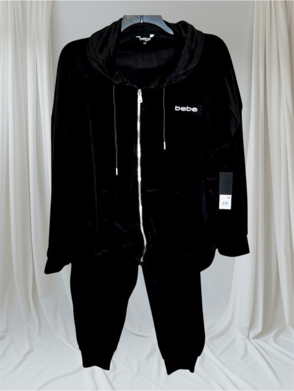 bebe sport Black Velour Hooded Track Suit Size 3X Bling NWT